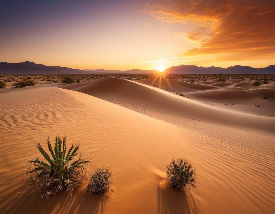 A stunning desert landscape with a bold contrast of adrenaline-fueled activities like dune bashing and rock climbing, alongside serene scenes of meditation and stargazing. Incorporate vibrant colors of the sunset casting golden hues over the sand dunes, while featuring adventurous explorers and peaceful wanderers. Highlight the diverse experiences with dynamic poses and tranquil expressions. Include elements of nature like cacti and mountains in the background. super-realistic. vivid colors. expansive sky.