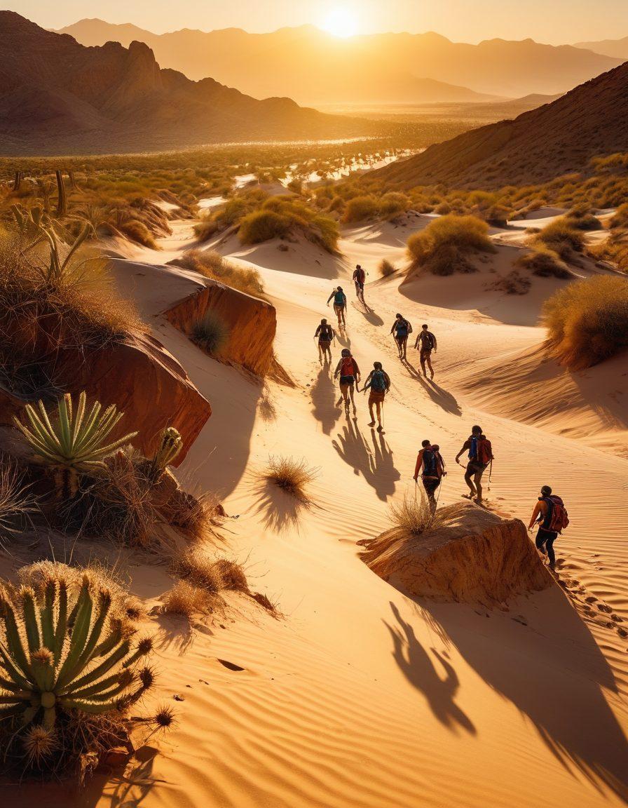 A vibrant desert landscape showcasing a diverse group of people engaging in thrilling outdoor sports like rock climbing, sandboarding, and trail running. The sun sets in the background, casting warm golden hues across the scene, with cacti and rocky formations accentuating the action. Include dynamic poses to express excitement and adventure. Illustrate a sense of community and connection with nature among the participants. Super-realistic. Warm colors. Dynamic composition.